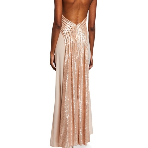 NWT Tadashi Shoji Champagne Halter Sequin Crepe Maxi Gown Dress Size 16 - Picture 3 of 16
